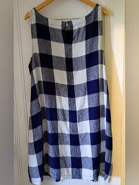 Blue and White Check Midi Dress - Women Linen Blend